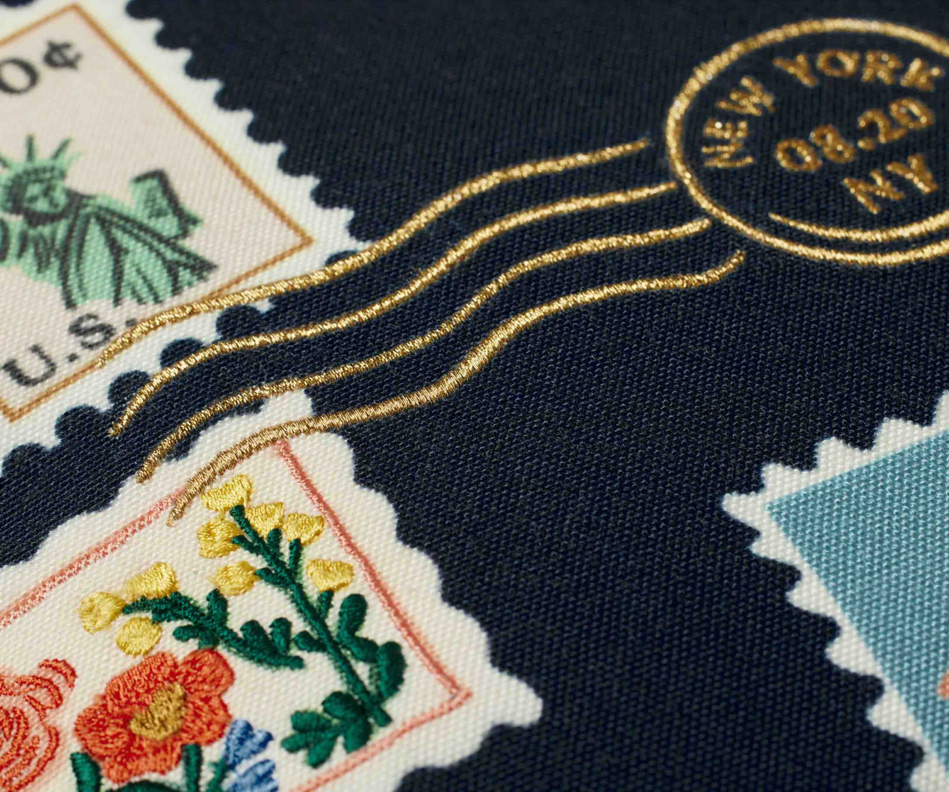 Postage Stamps Embroidered Pillow - Navy