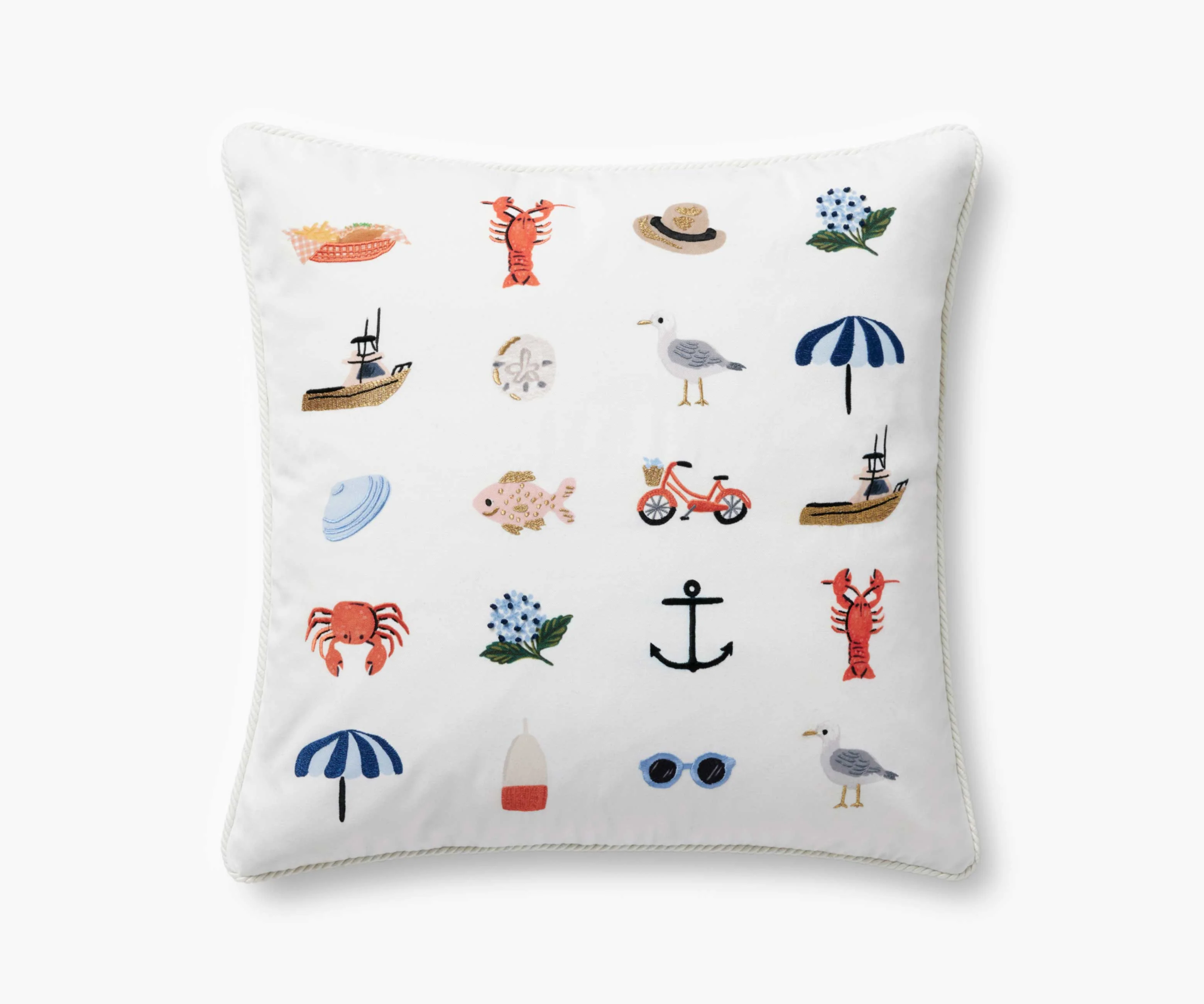 Seaside Embroidered Pillow - White