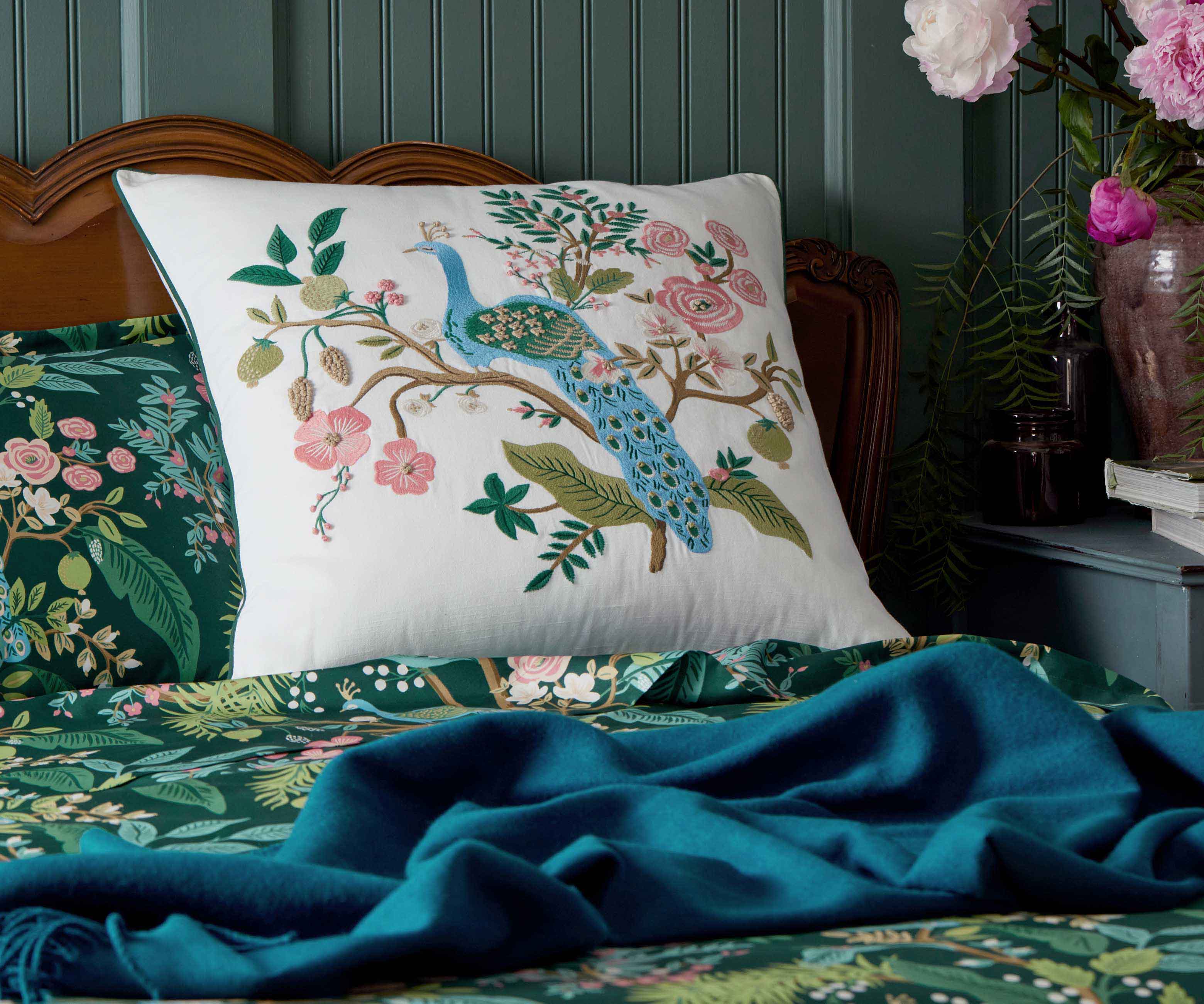 Embroidered Pillow Cover - Peacock White