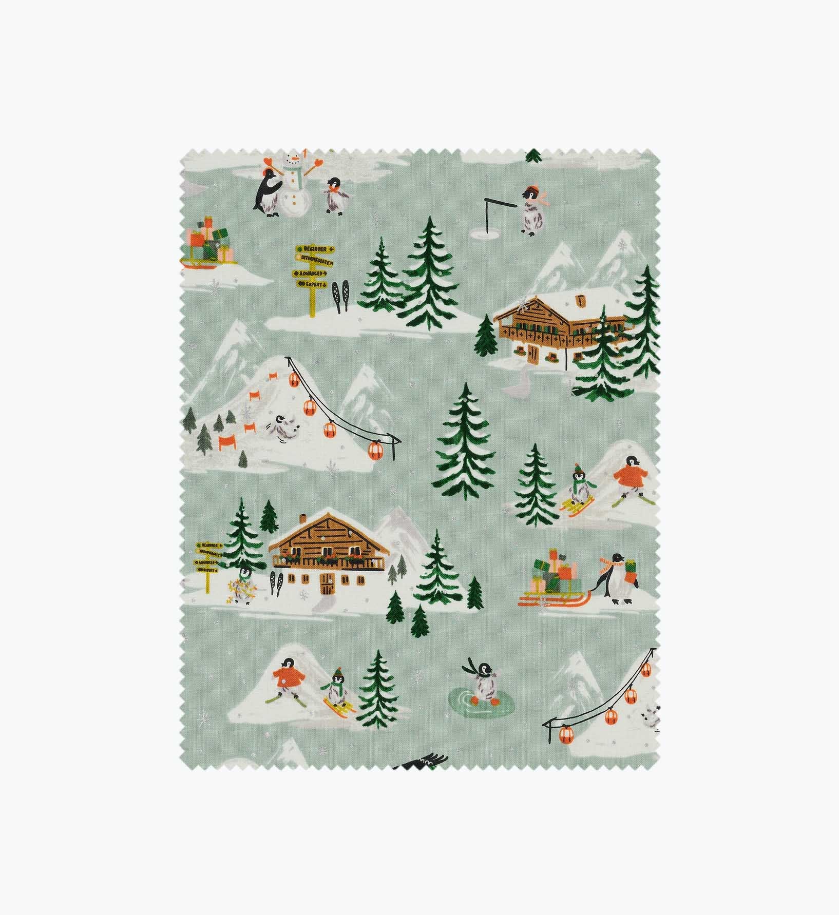 Penguin Village Cotton Metallic Fabric - Mint and Gold