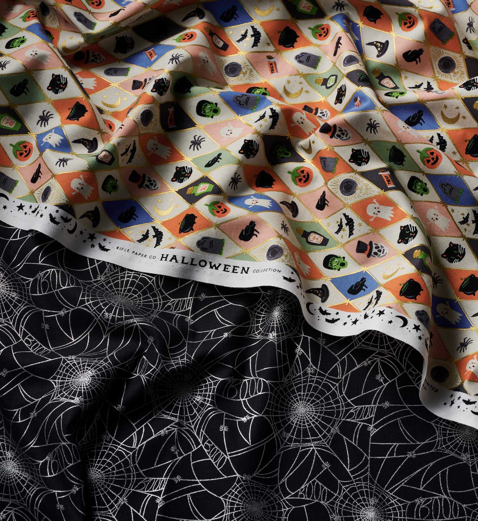 Spider Webs Cotton Metallic Fabric - Black and Silver