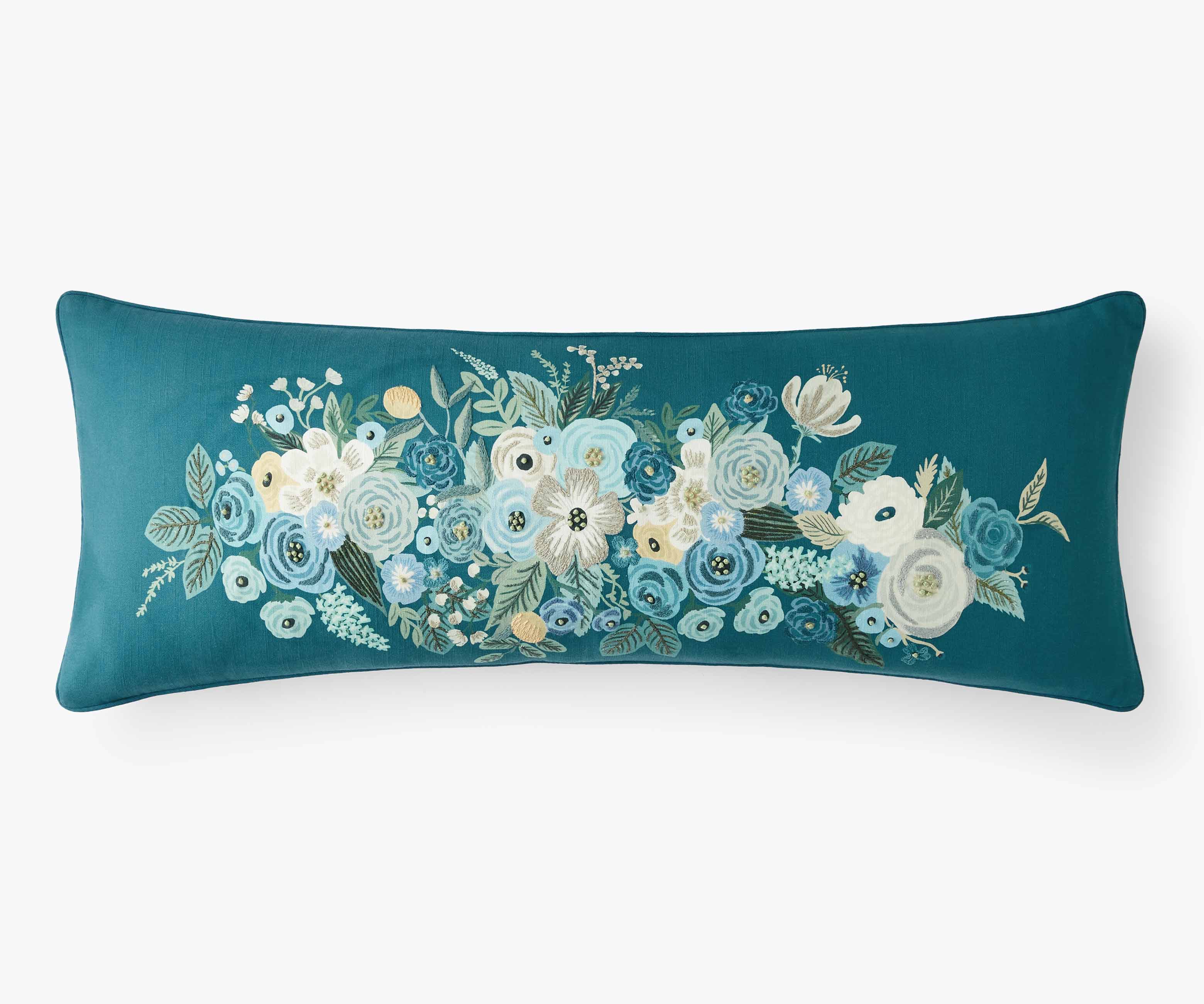 Embroidered Lumbar Pillow Cover - Garden Party Blue