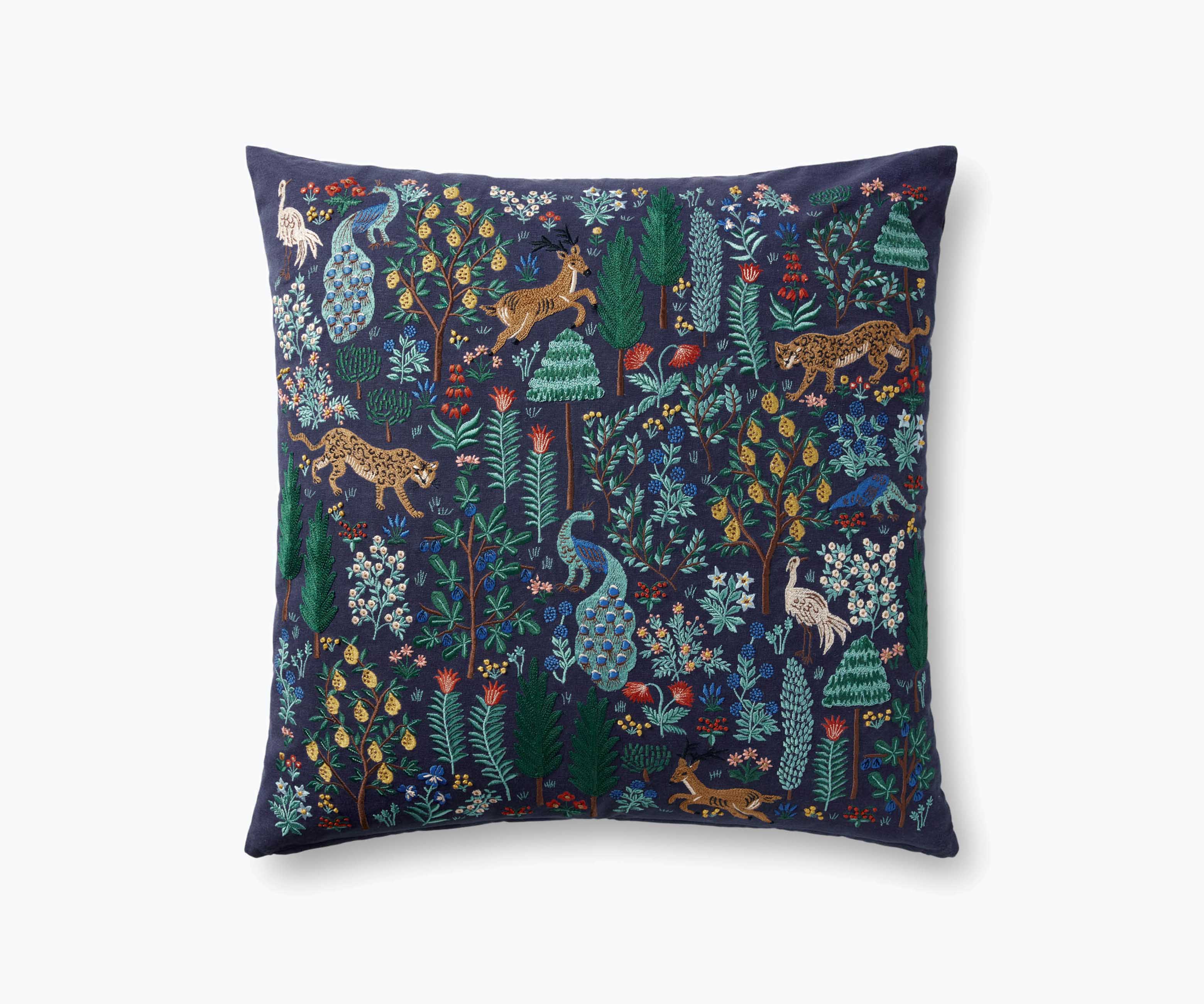 Menagerie Forest Embroidered Pillow - Navy