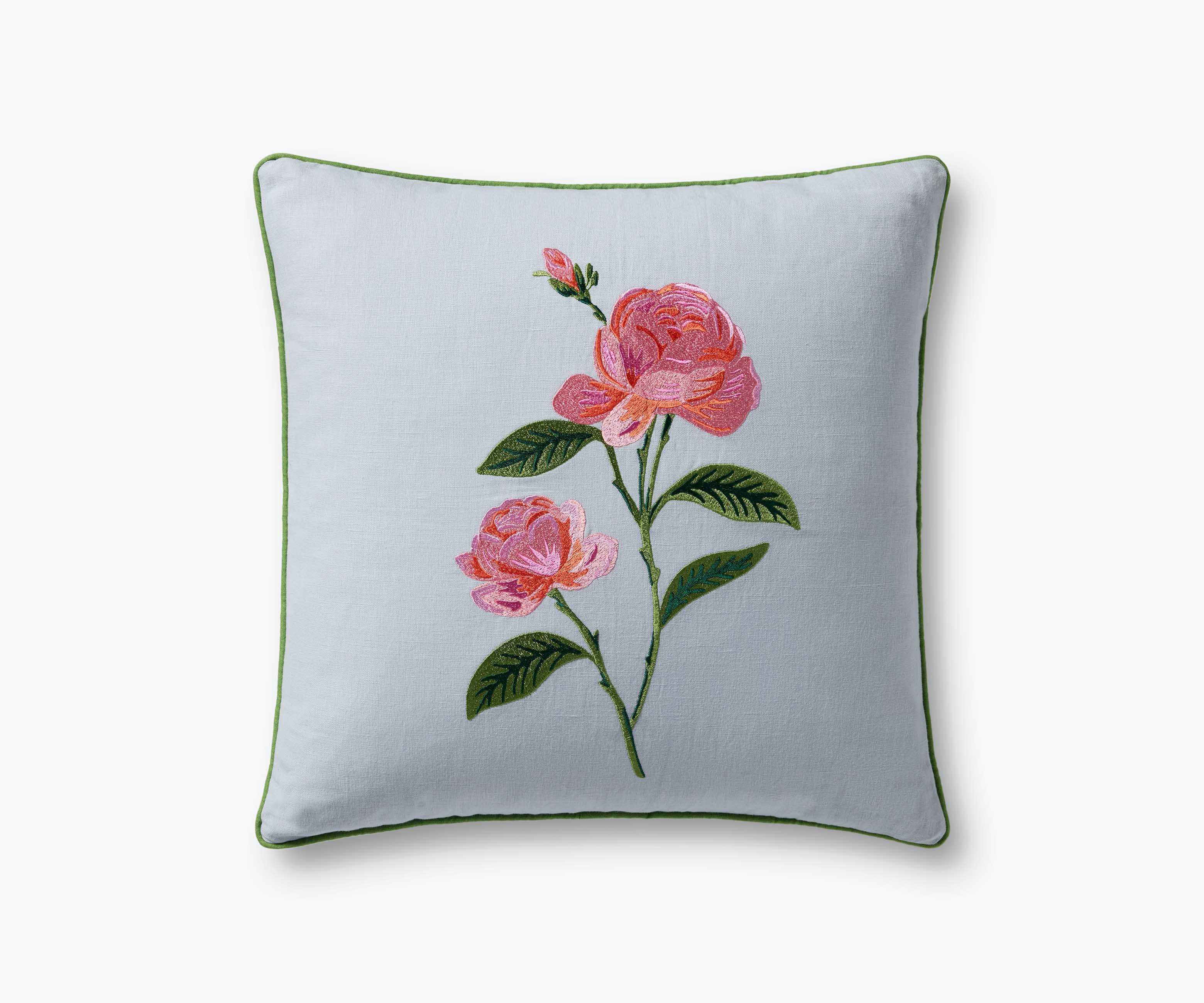 Garden Rose Embroidered Pillow - Blue