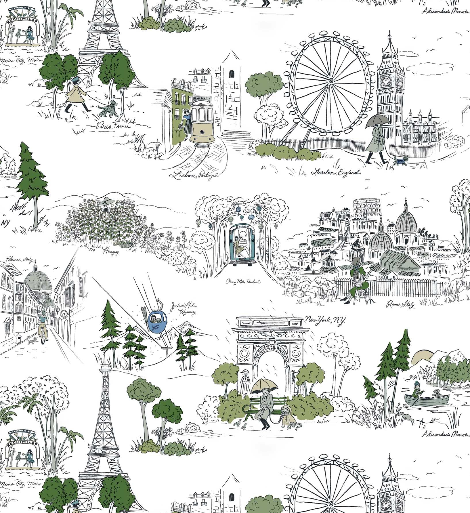 Travel Sketches Peel & Stick Wallpaper - Blue Multi