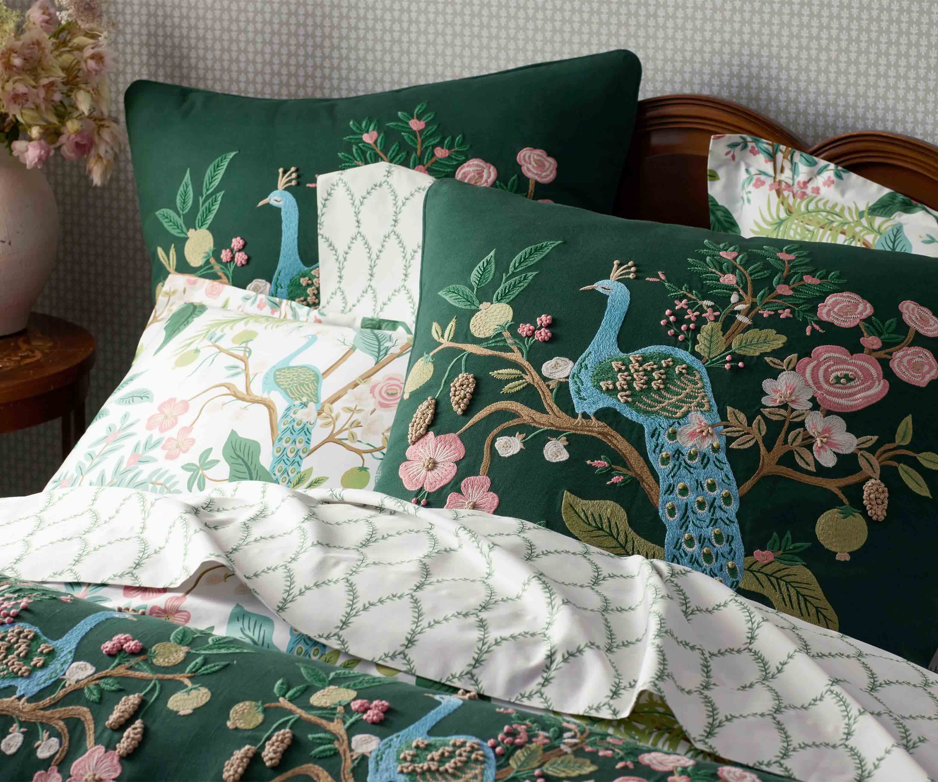 Embroidered Pillow Cover - Peacock Emerald