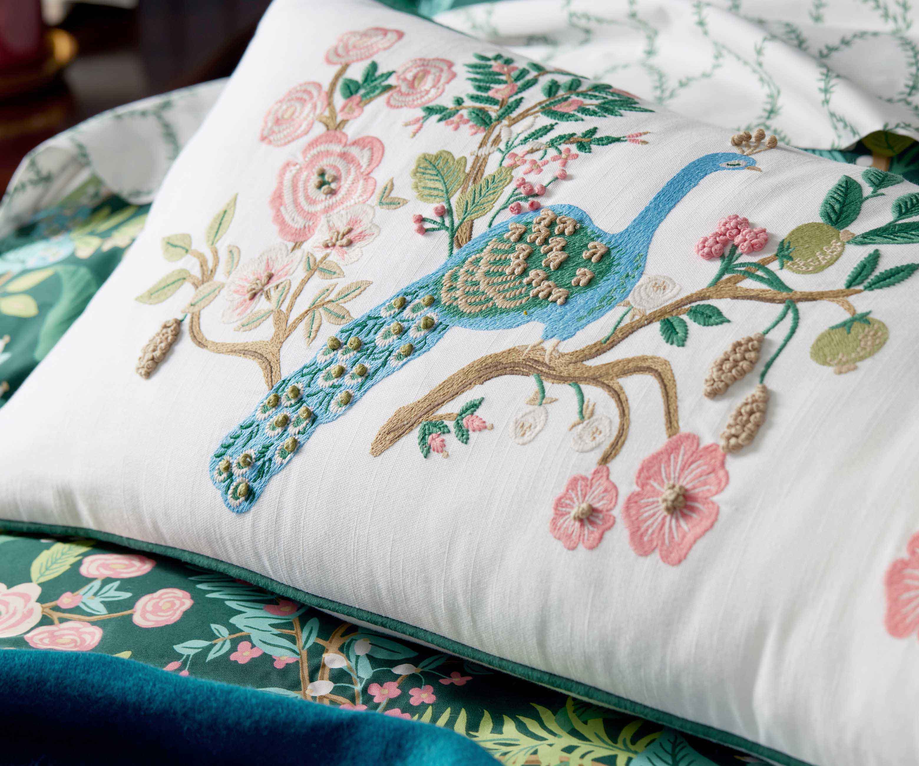 Embroidered Lumbar Pillow Cover - Peacock White