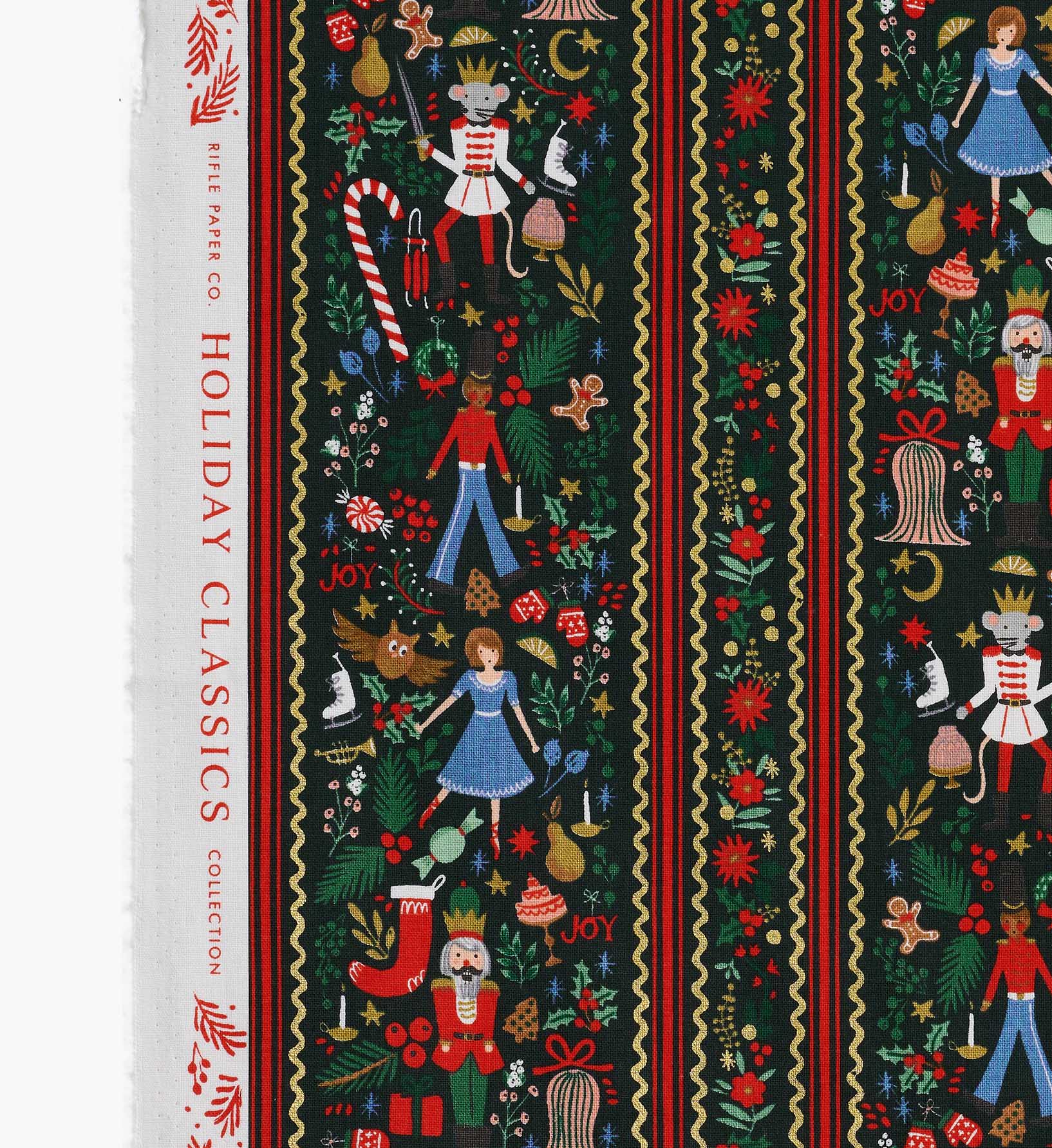 Holly Jolly Nutcracker Cotton Metallic Fabric - Evergreen and Gold