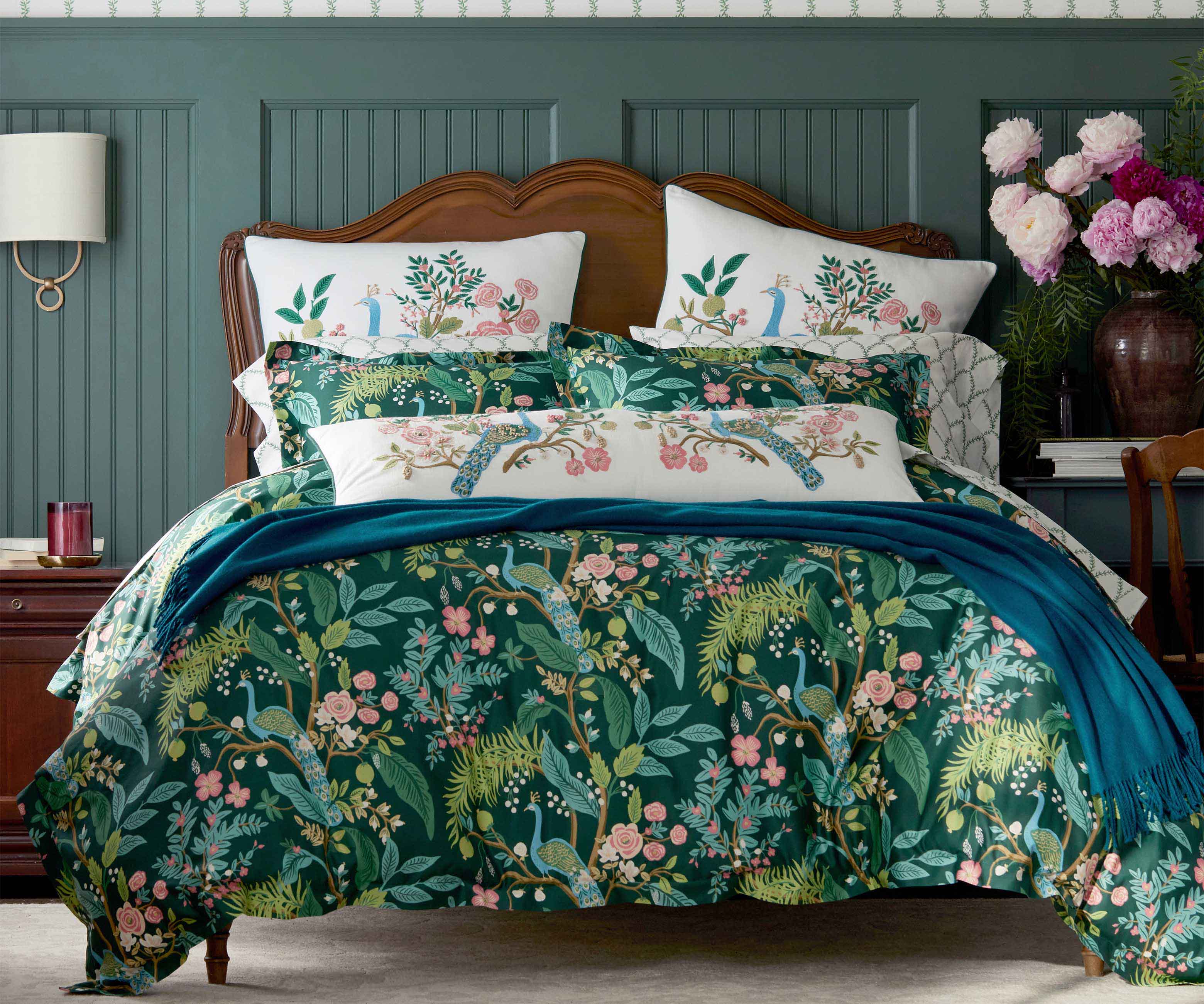 Embroidered Lumbar Pillow Cover - Peacock White