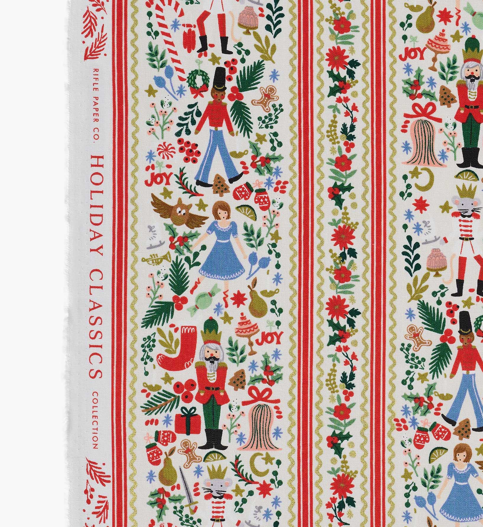 Holly Jolly Nutcracker Cotton Metallic Fabric - Cream and Gold
