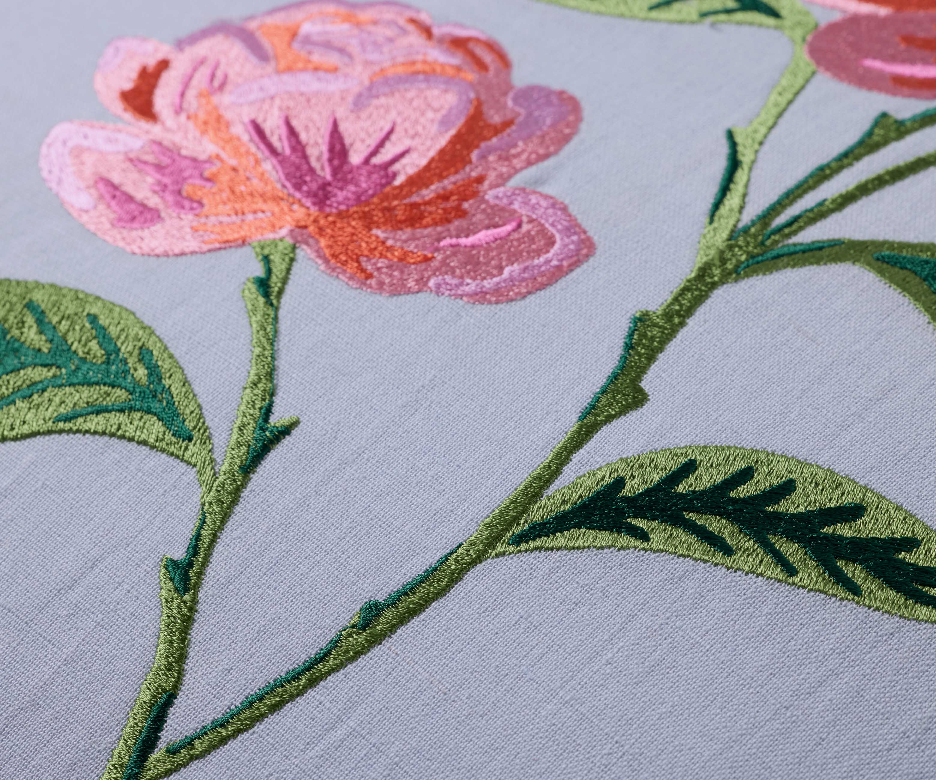 Garden Rose Embroidered Pillow - Blue