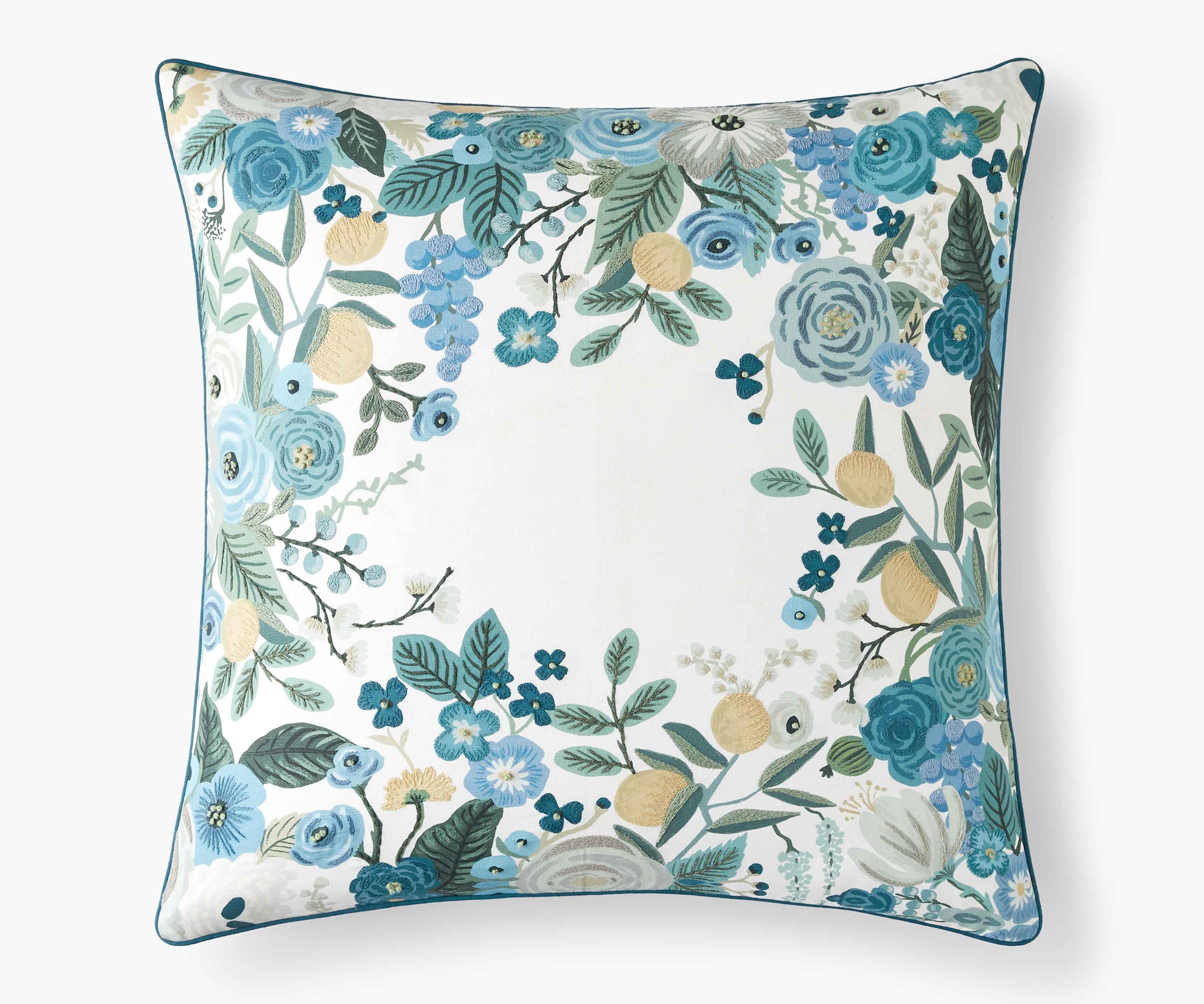 Embroidered Pillow Cover - Garden Party Blue