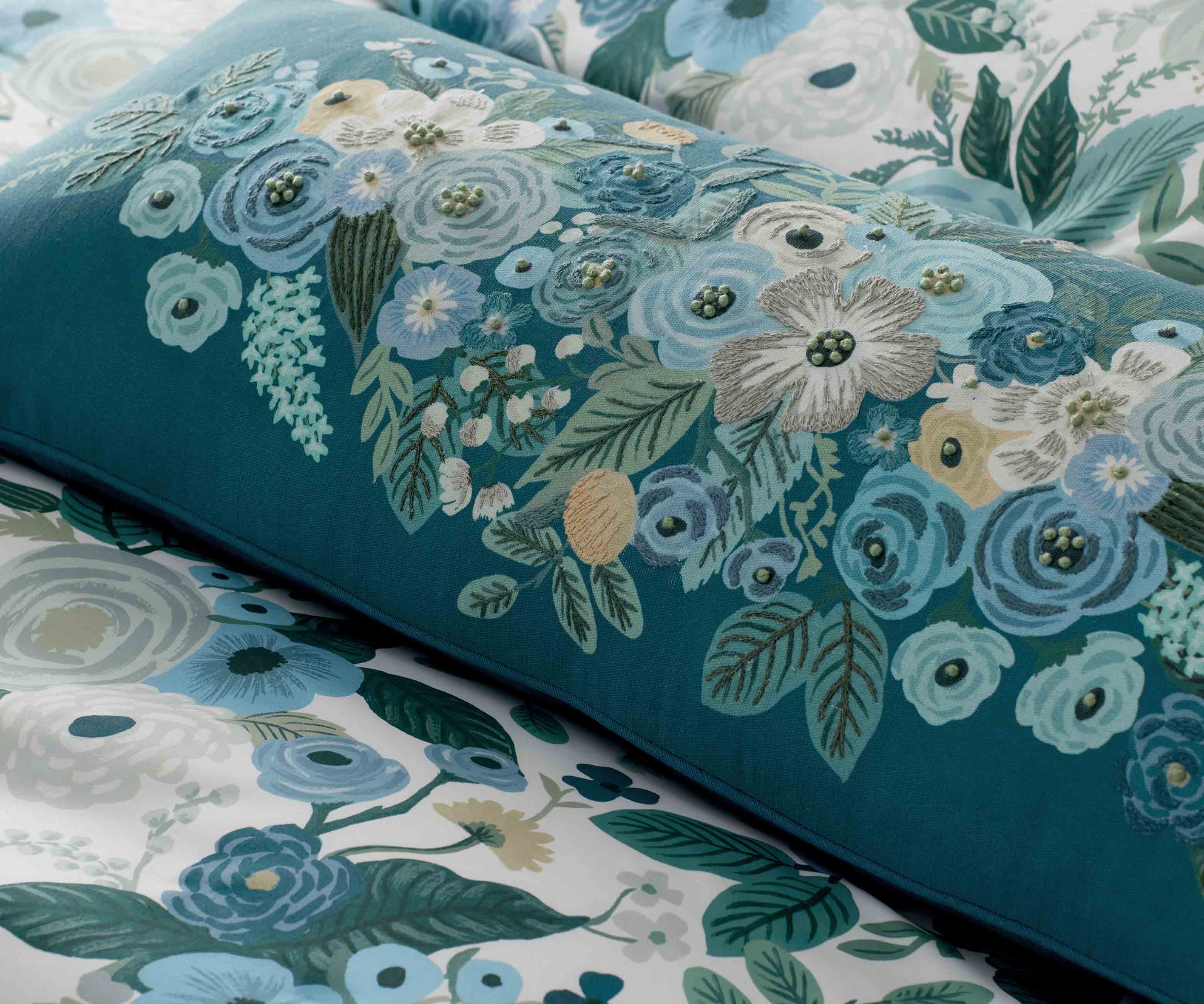 Embroidered Lumbar Pillow Cover - Garden Party Blue