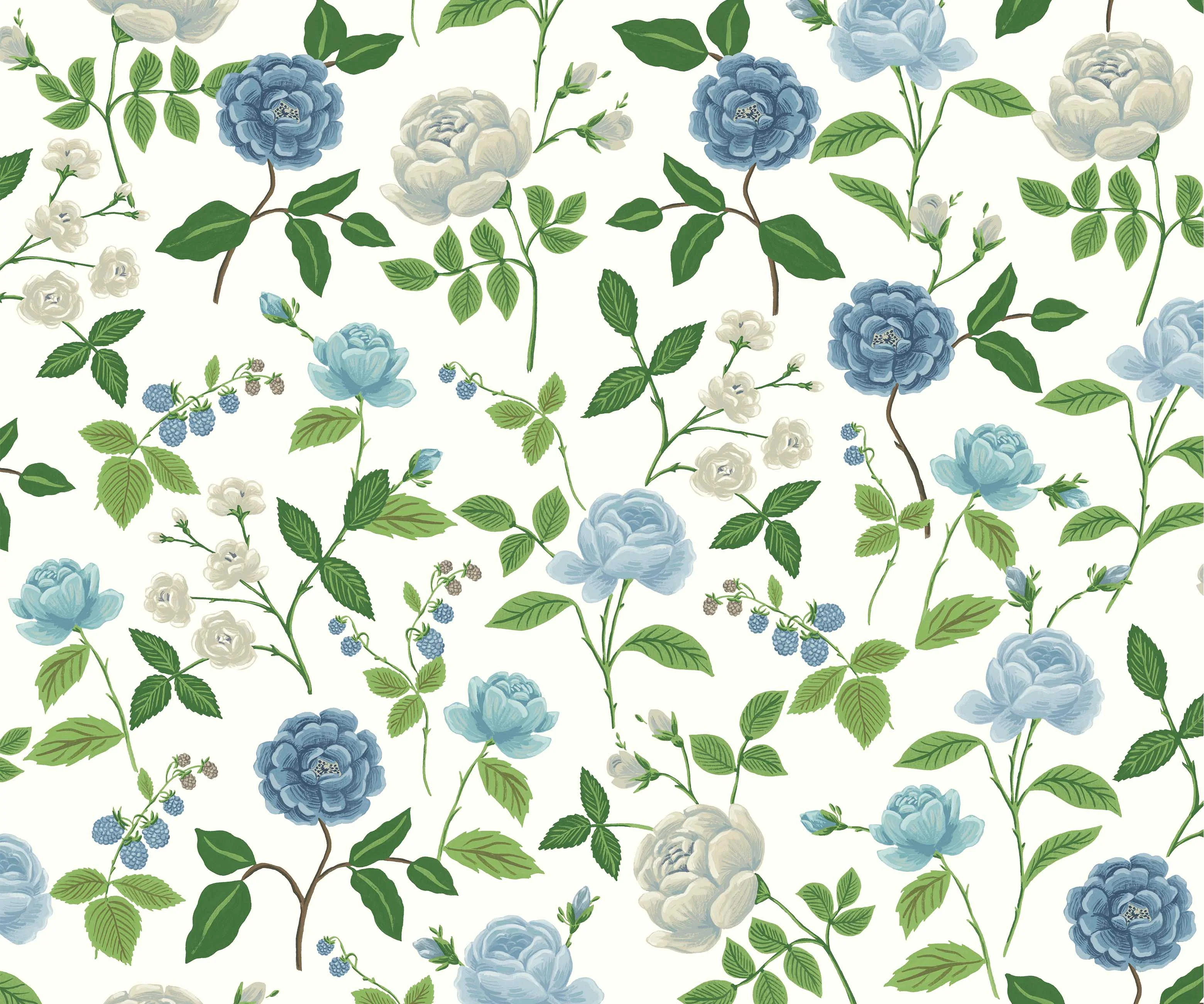 Roses Wallpaper - White & Blue