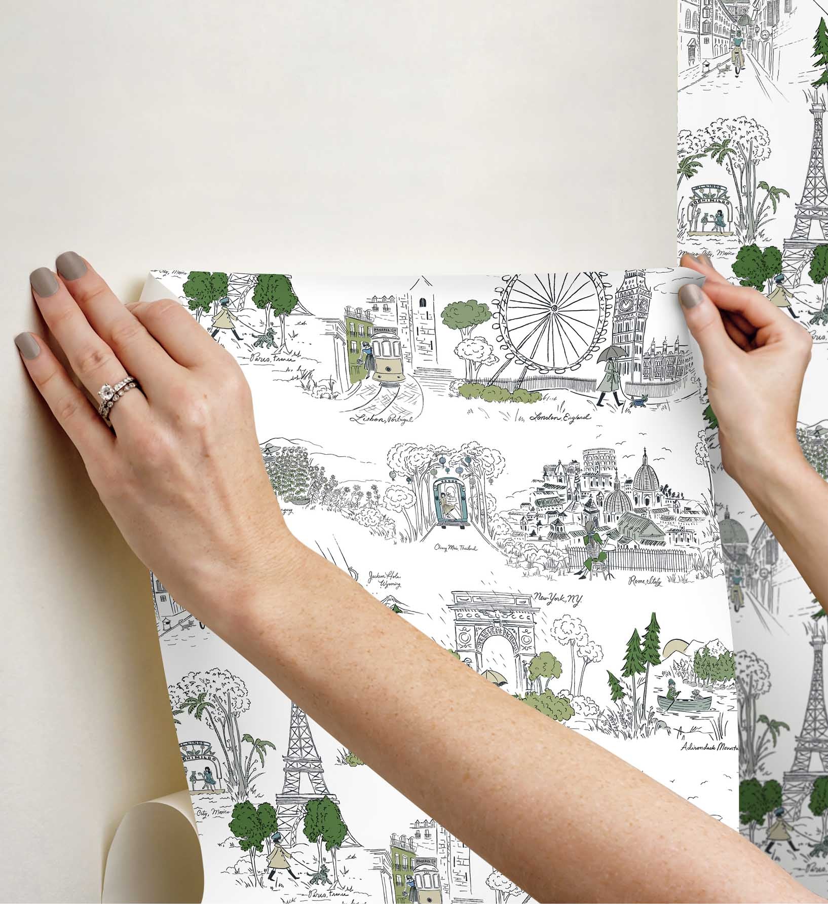 Travel Sketches Peel & Stick Wallpaper - Blue Multi