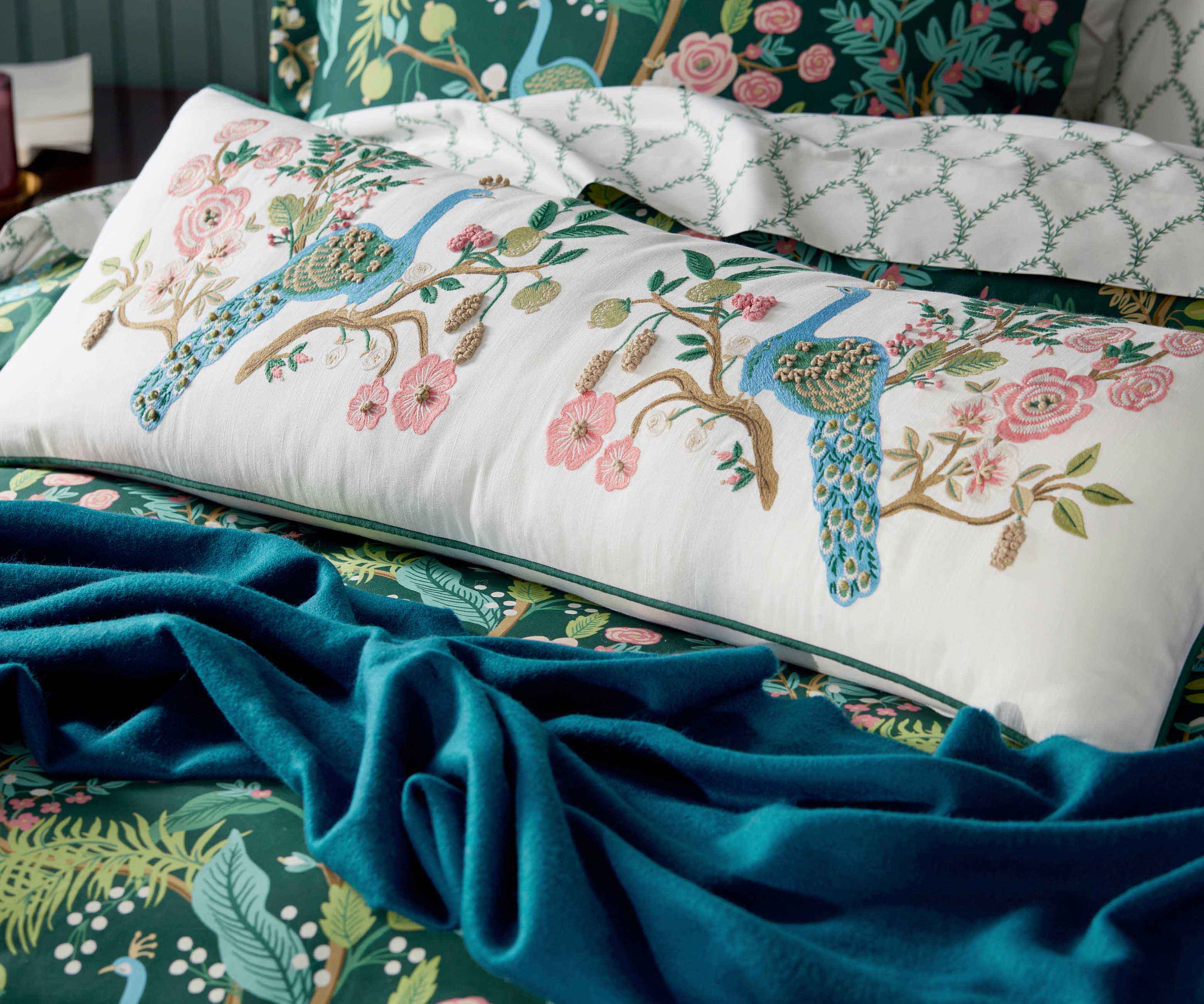 Embroidered Lumbar Pillow Cover - Peacock White